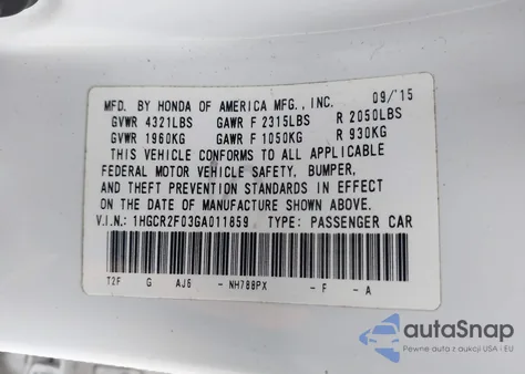 2016 Honda Accord Ex из США, поврежденный, VIN 1HGCR2F03GA011859